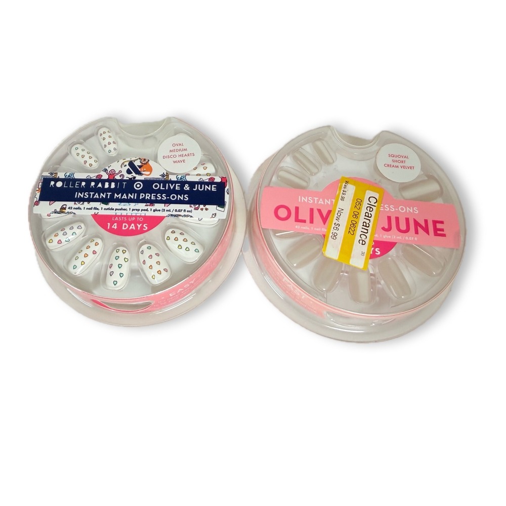 Olive & June Press On Nails Roller Rabbit Disco Hearts Cream Velvet New